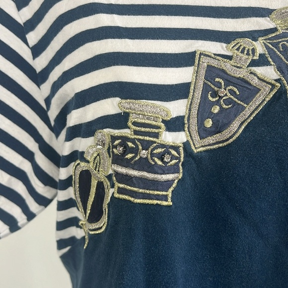 Vintage Blue and White Striped T-Shirt with Embroidered Perfume Bottle Size M - Picture 3 of 9